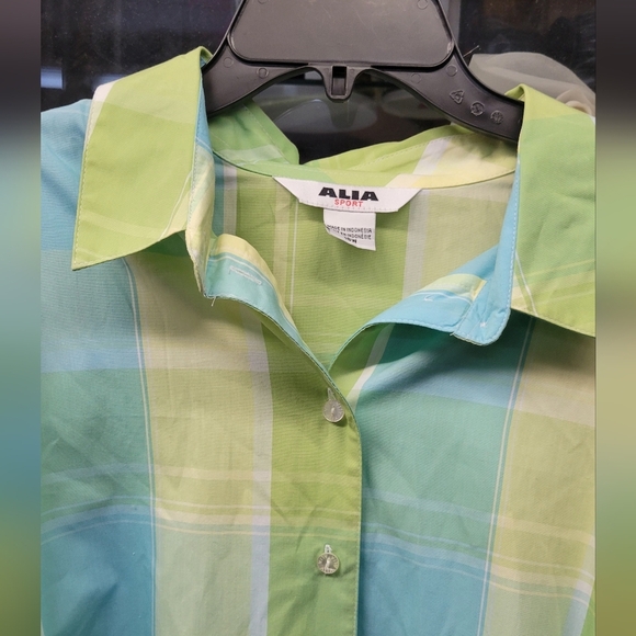 ALIA Sport Green Yellow Blue Checkered Button Up 3/4 Sleeve Shirt 18W - Picture 3 of 8